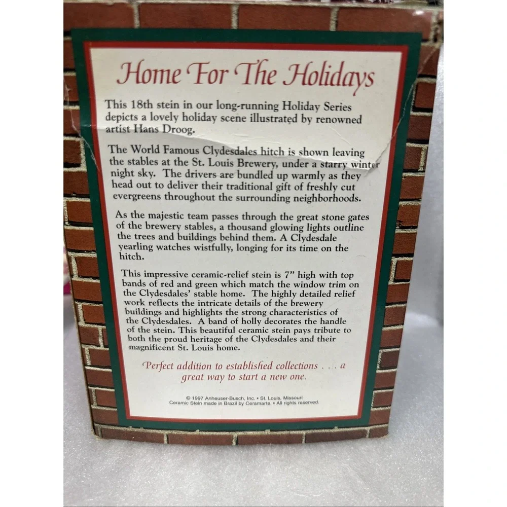 1997‎ Budweiser Holiday Stein Home For The Holidays Ceramic Collectible